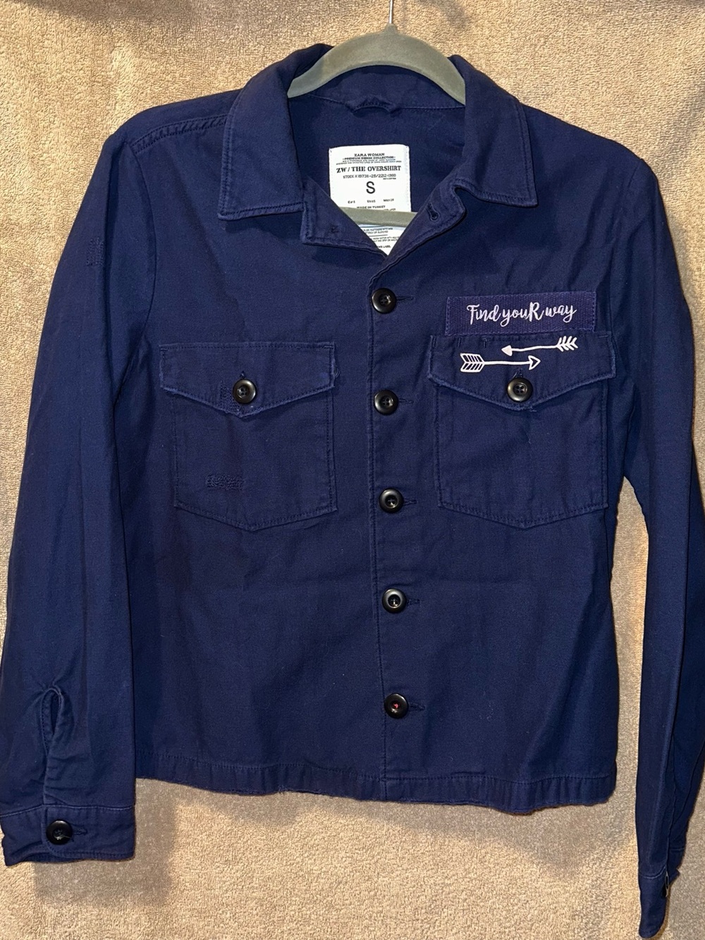 Zara Navy Button-Up Lightweight Jacket with 'Find Your Way' Detail